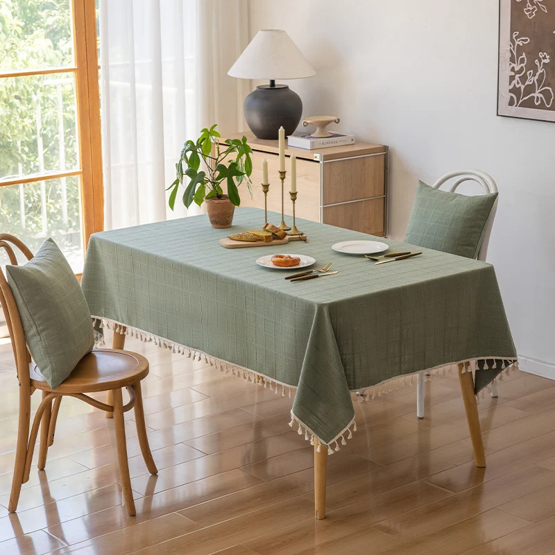 Rectangular Textured Cotton-Linen Tablecloth with Knotted Tassel Fringe and Matching Accent Pillow Covers