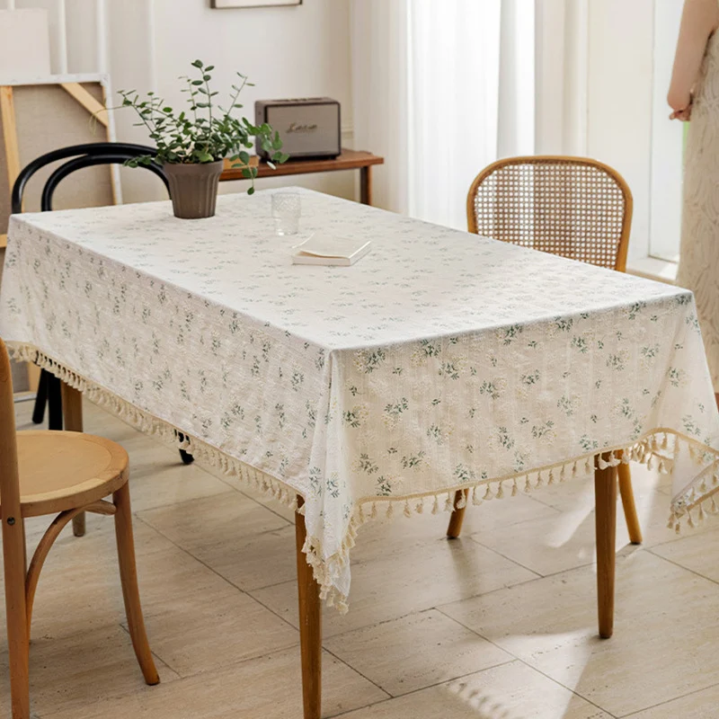 Rectangular Linen-Blend Tassel-Trim Dining Tablecloth with Scattered Dot Embroidery