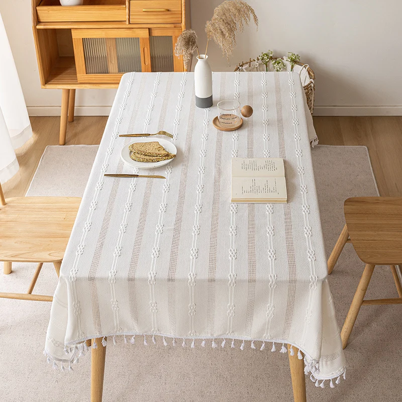 Rectangle Cotton-Linen Woven Fringe Tassel Tablecloth for Dining Table
