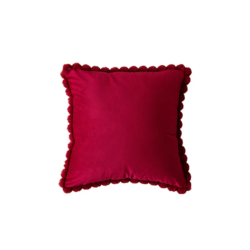 Plush Velvet Square Decorative Throw Pillow with Pom-Pom Border and Removable Cover