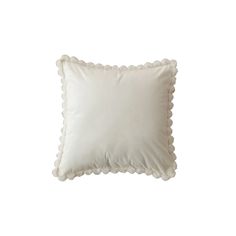 Plush Velvet Square Decorative Throw Pillow with Pom-Pom Border and Removable Cover