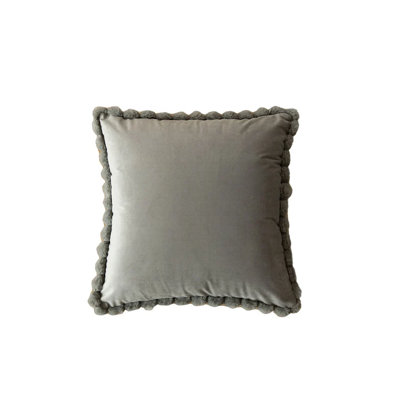 Plush Velvet Square Decorative Throw Pillow with Pom-Pom Border and Removable Cover