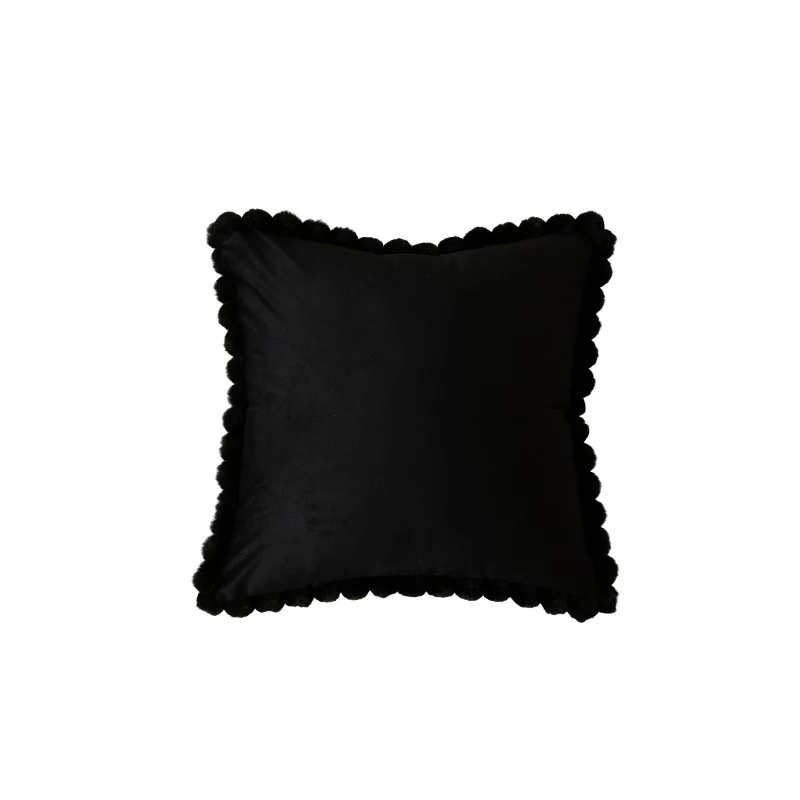 Plush Velvet Square Decorative Throw Pillow with Pom-Pom Border and Removable Cover