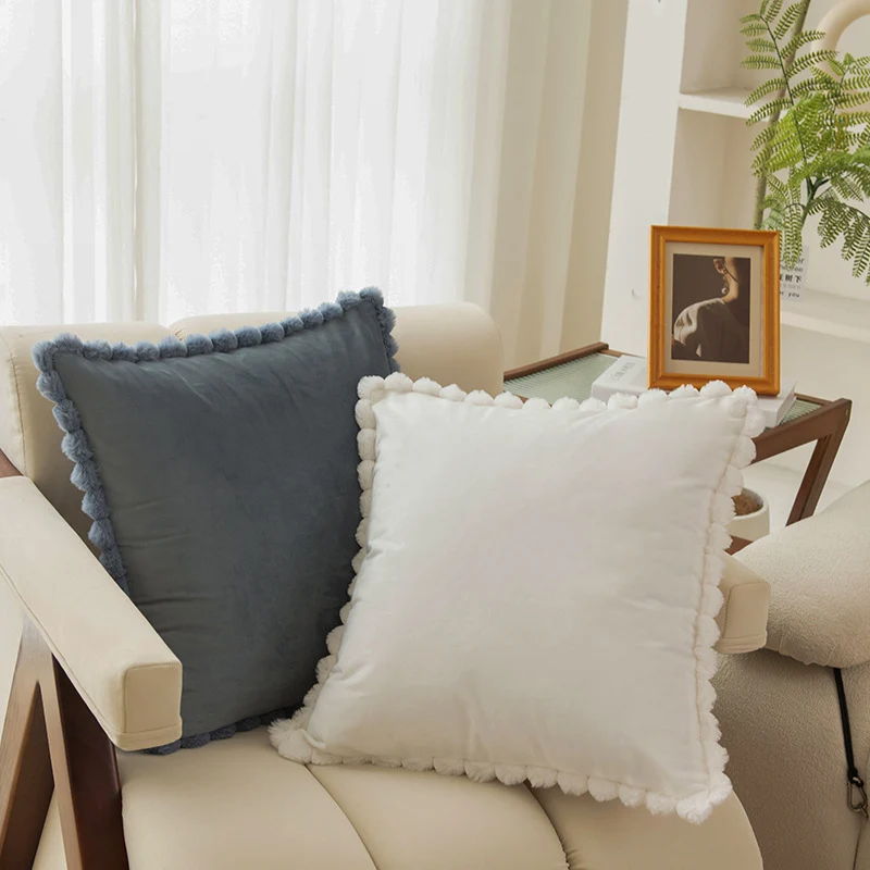 Plush Velvet Square Decorative Throw Pillow with Pom-Pom Border and Removable Cover