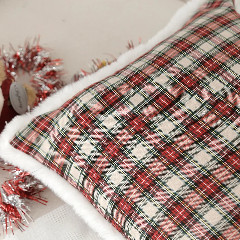 Plaid Holiday Decorative Throw Pillow with Embroidered Snowflake Motif and Hidden Zipper
