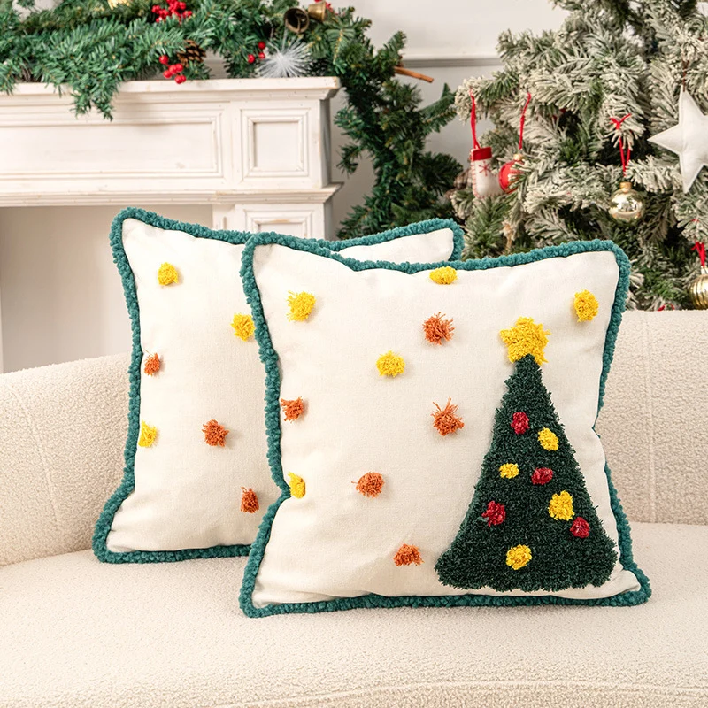 Holiday Tufted Chenille Square Throw Pillow with Raised Tree Motif and Hidden Zipper