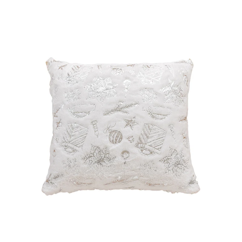 Holiday Faux Fur Decorative Throw Pillow with Foil Reindeer & Tree Print Plush Square Accent Cushion