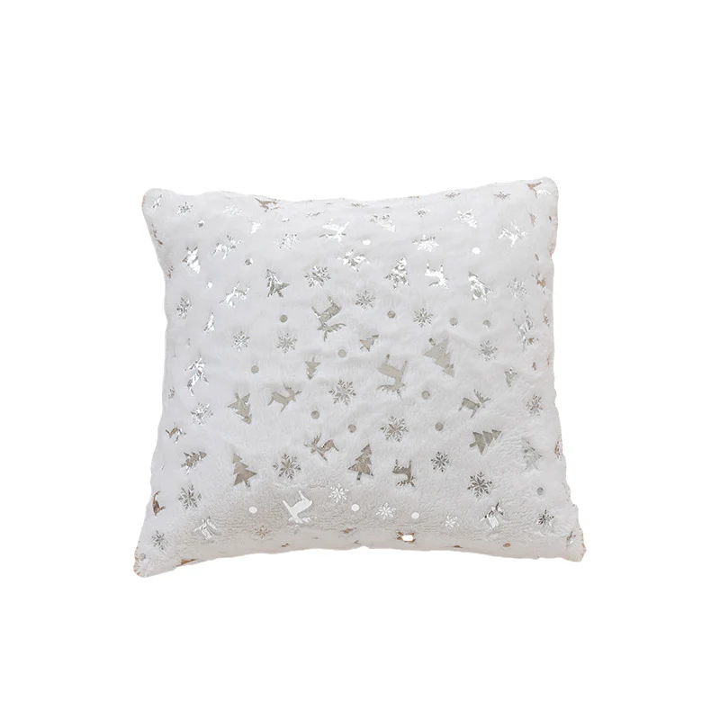 Holiday Faux Fur Decorative Throw Pillow with Foil Reindeer & Tree Print Plush Square Accent Cushion