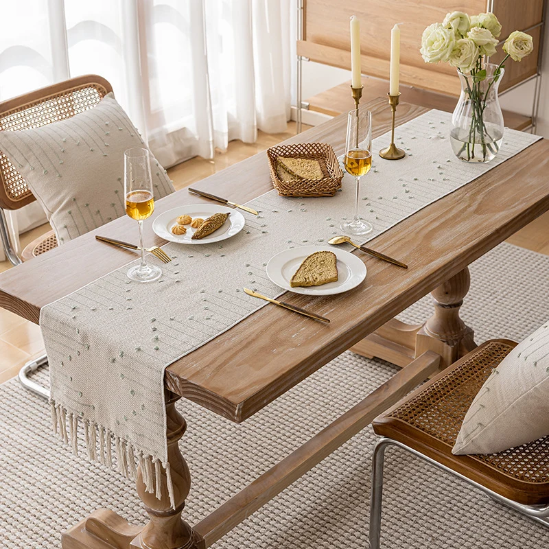 Handwoven Textured Cotton Tassel Table Runner for Dining and Console