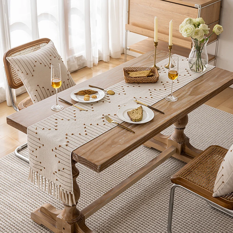 Handwoven Textured Cotton Tassel Table Runner for Dining and Console