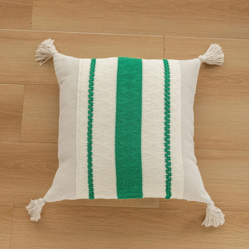 Handwoven Striped Tassel Lumbar Throw Pillow Cover with Hidden Zipper