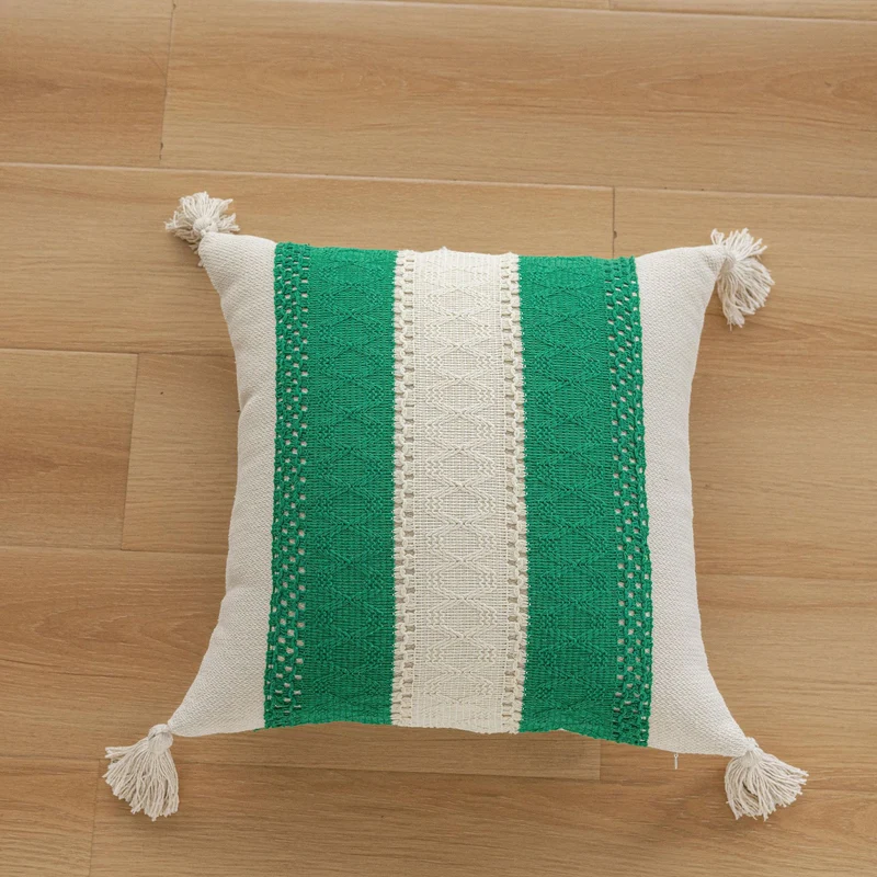 Handwoven Striped Tassel Lumbar Throw Pillow Cover with Hidden Zipper