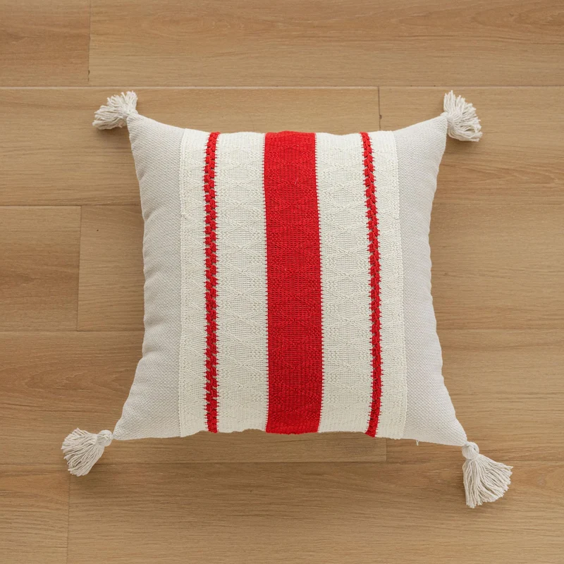 Handwoven Striped Tassel Lumbar Throw Pillow Cover with Hidden Zipper