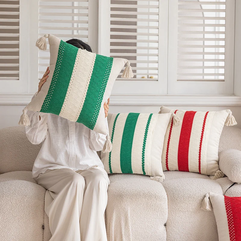 Handwoven Striped Tassel Lumbar Throw Pillow Cover with Hidden Zipper
