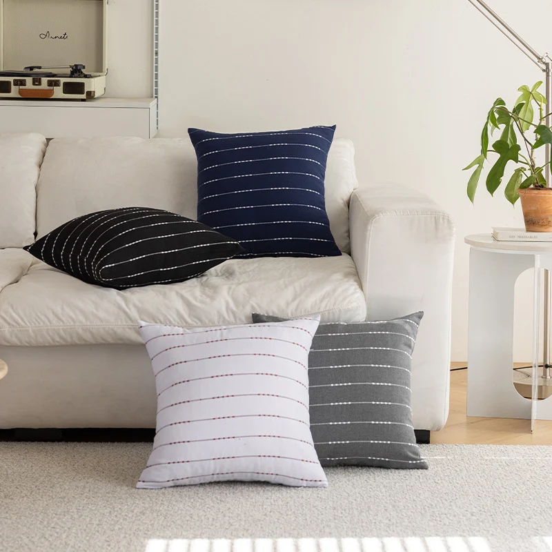 Handwoven Square Throw Pillow Cover with Horizontal Beaded Embroidered Stripes