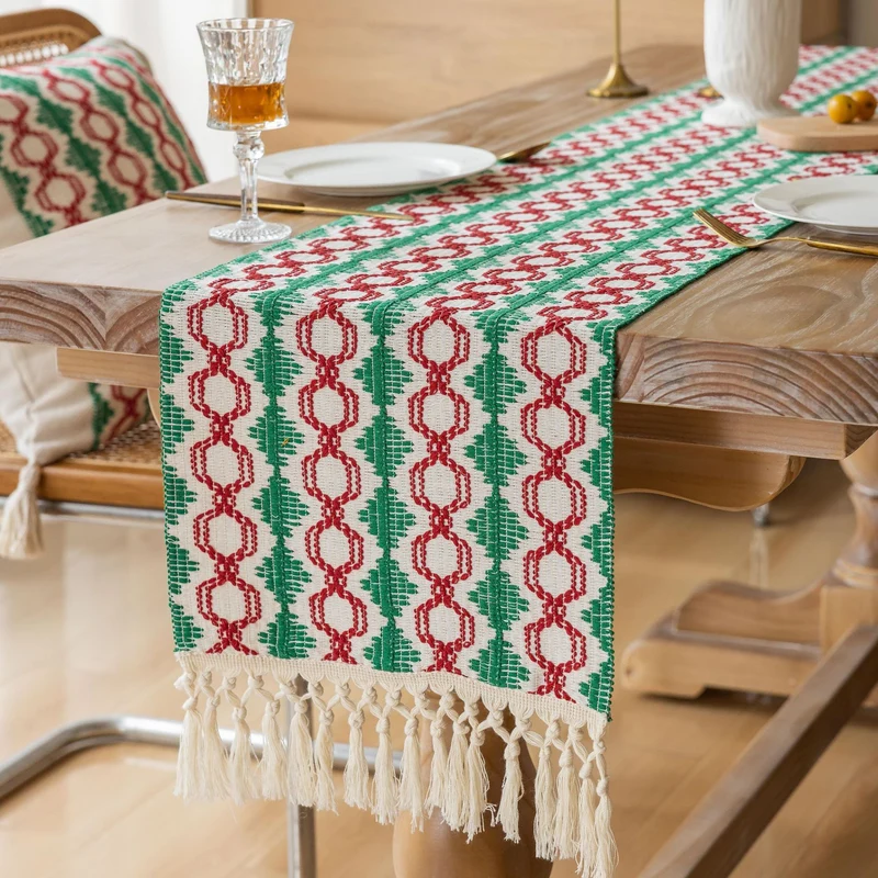 Handwoven Cotton Table Runner with Red Geometric Heart Stripe and Knotted Tassel Fringe