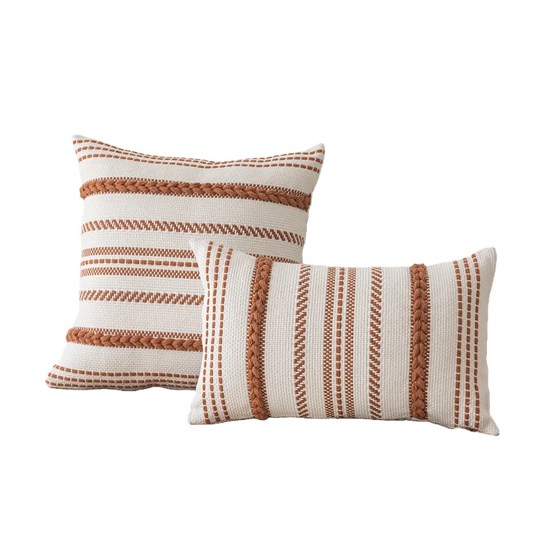 Handwoven Cotton Striped Boho Decorative Pillow Cover Set with Braided Accent