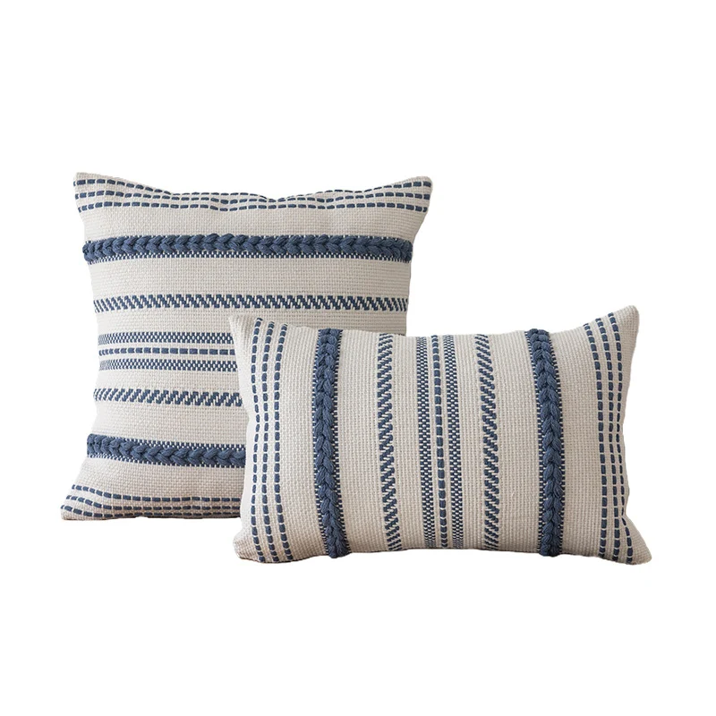 Handwoven Cotton Striped Boho Decorative Pillow Cover Set with Braided Accent