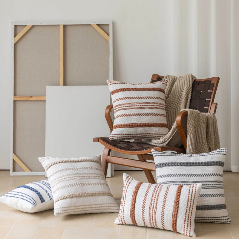 Handwoven Cotton Striped Boho Decorative Pillow Cover Set with Braided Accent