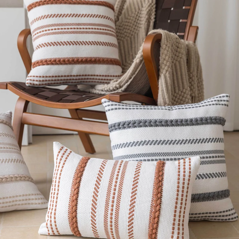 Handwoven Cotton Striped Boho Decorative Pillow Cover Set with Braided Accent