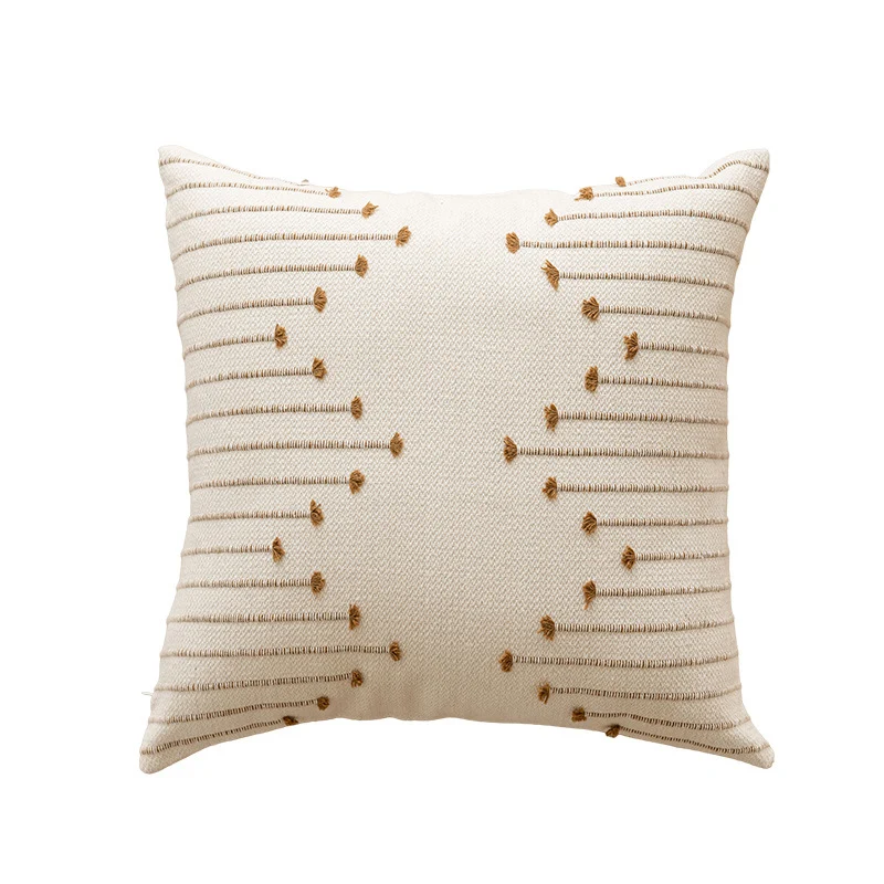 Handwoven Cotton Square Throw Pillow Cover with Tufted Linear Embroidery and Hidden Zipper