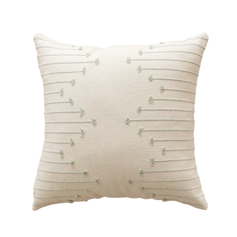 Handwoven Cotton Square Throw Pillow Cover with Tufted Linear Embroidery and Hidden Zipper