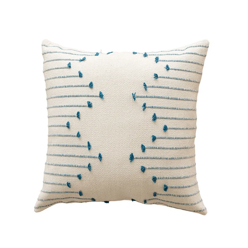 Handwoven Cotton Square Throw Pillow Cover with Tufted Linear Embroidery and Hidden Zipper