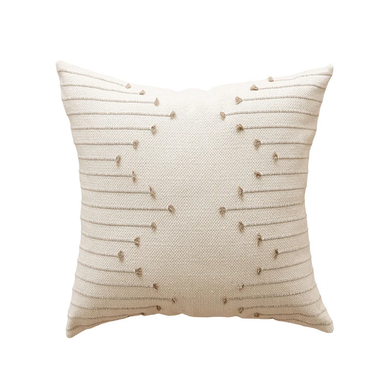 Handwoven Cotton Square Throw Pillow Cover with Tufted Linear Embroidery and Hidden Zipper