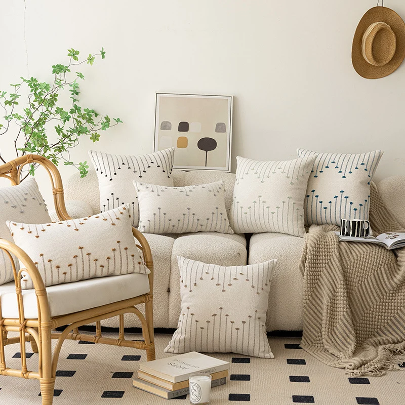 Handwoven Cotton Square Throw Pillow Cover with Tufted Linear Embroidery and Hidden Zipper
