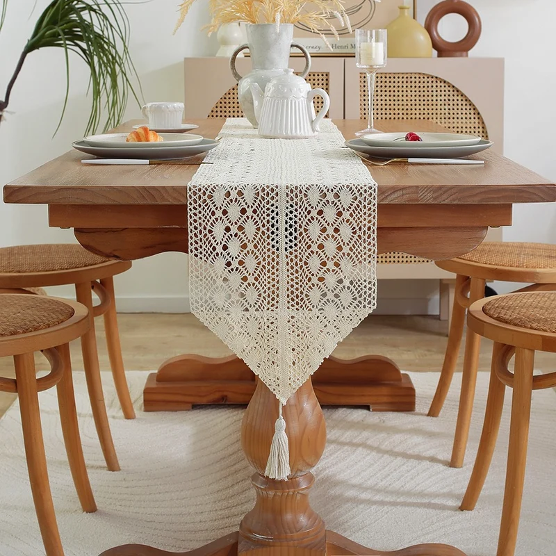Handwoven Cotton Crochet Table Runner with Diamond Lace Pattern and Tassel Point