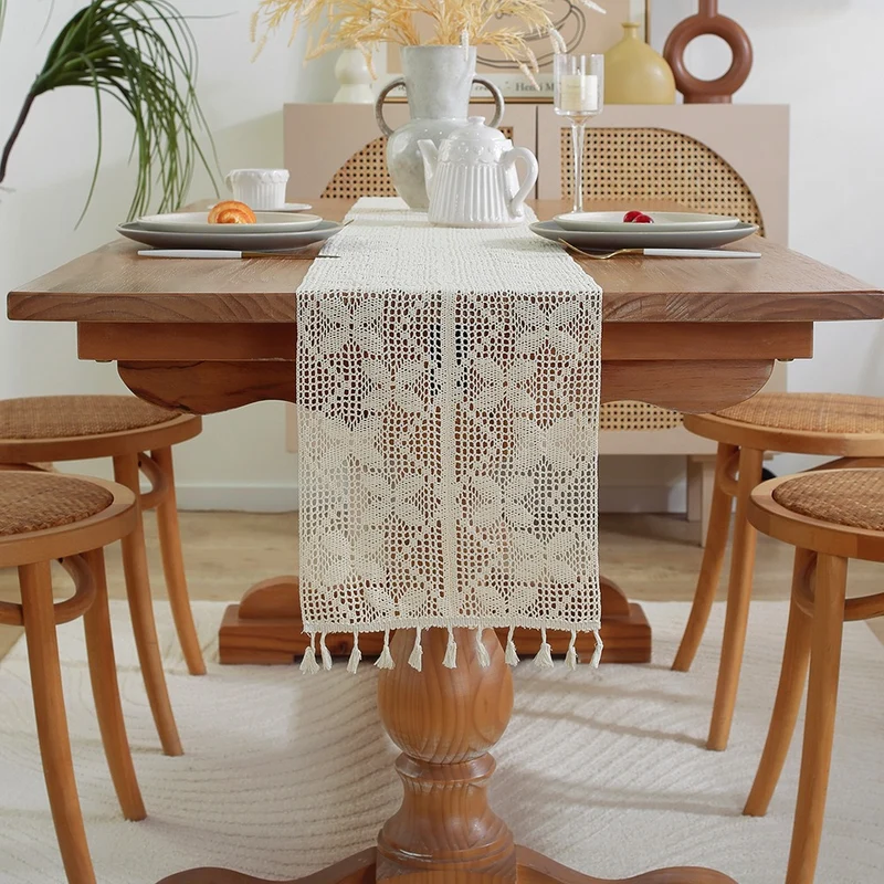 Handwoven Cotton Crochet Table Runner with Diamond Lace Pattern and Tassel Point