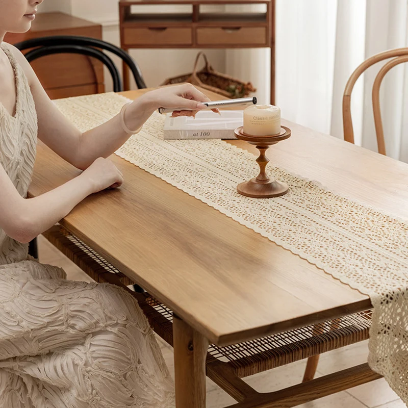 Handwoven Cotton Crochet Table Runner with Diamond Lace Pattern and Tassel Point