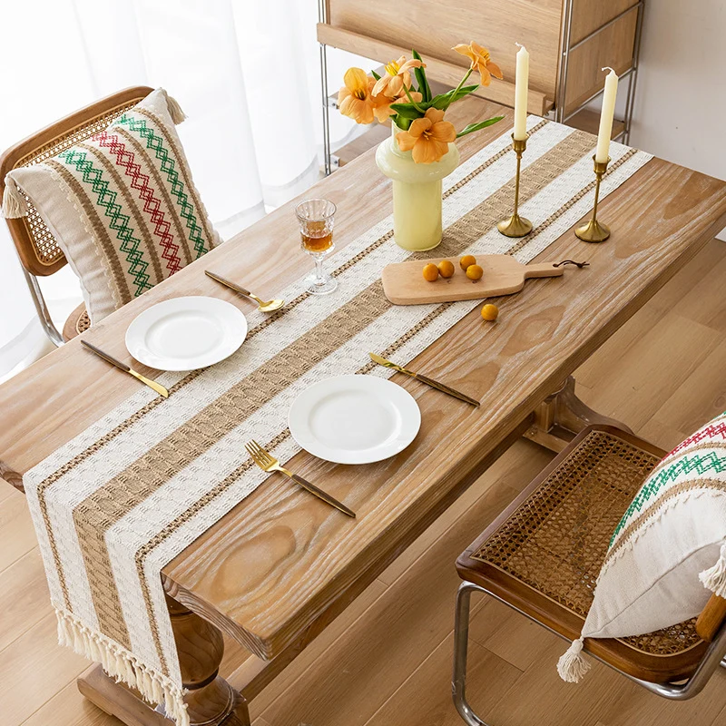 Handwoven Cotton Bohemian Tassel Table Runner with Neutral Geometric Stripes