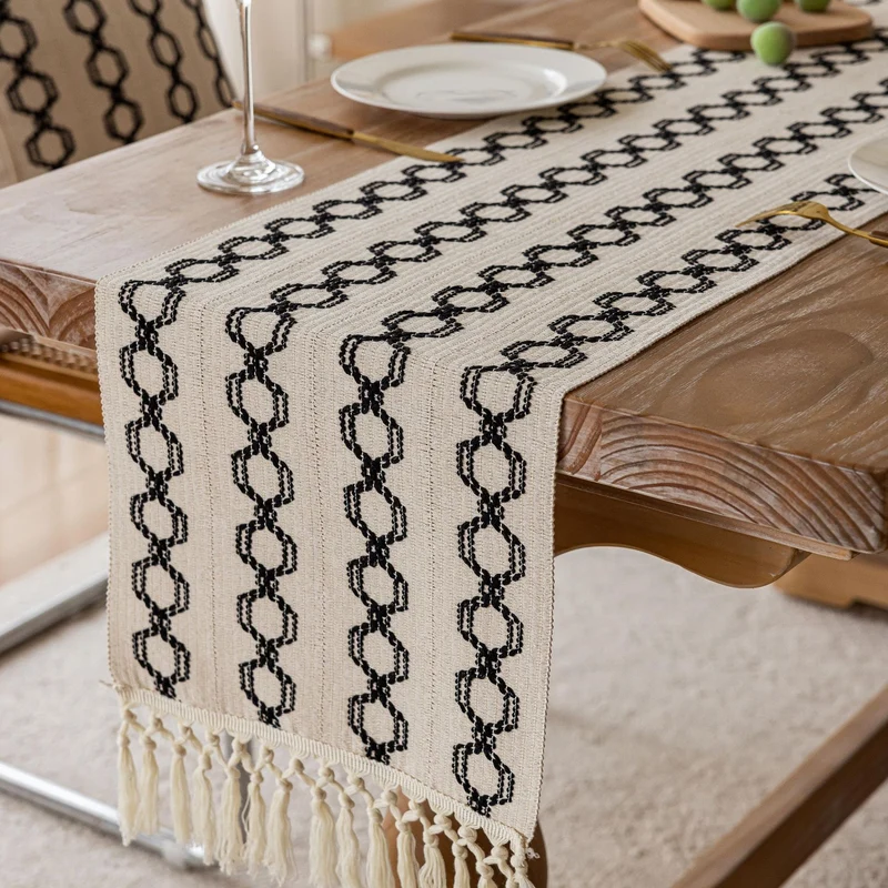 Handwoven Bohemian Cotton Table Runner with Fringe Tassels and Geometric Embroidery