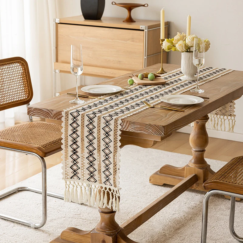 Handwoven Bohemian Cotton Table Runner with Fringe Tassels and Geometric Embroidery