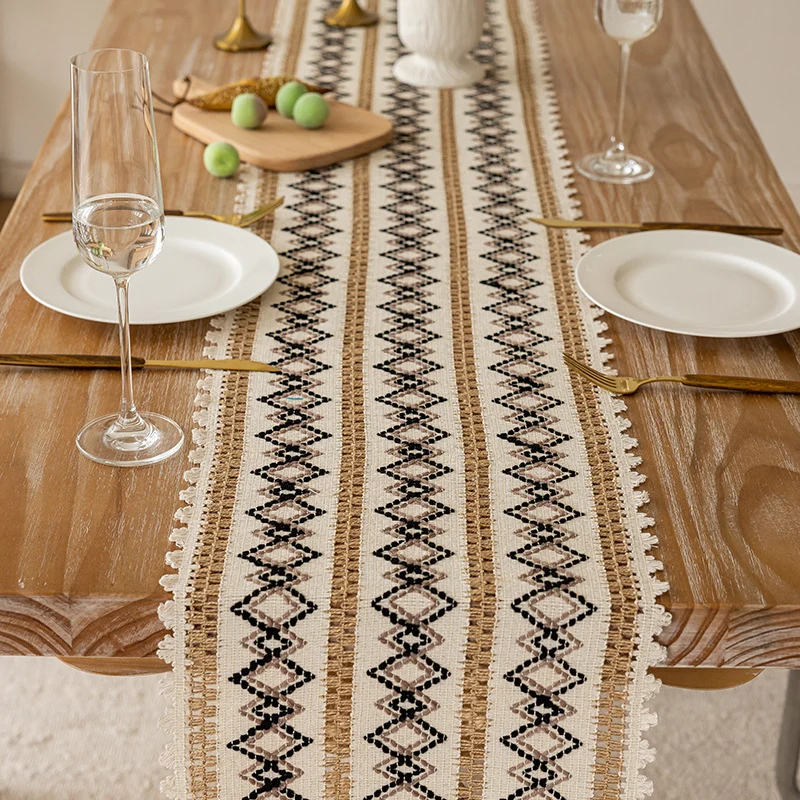 Handwoven Bohemian Cotton Table Runner with Fringe Tassels and Geometric Embroidery