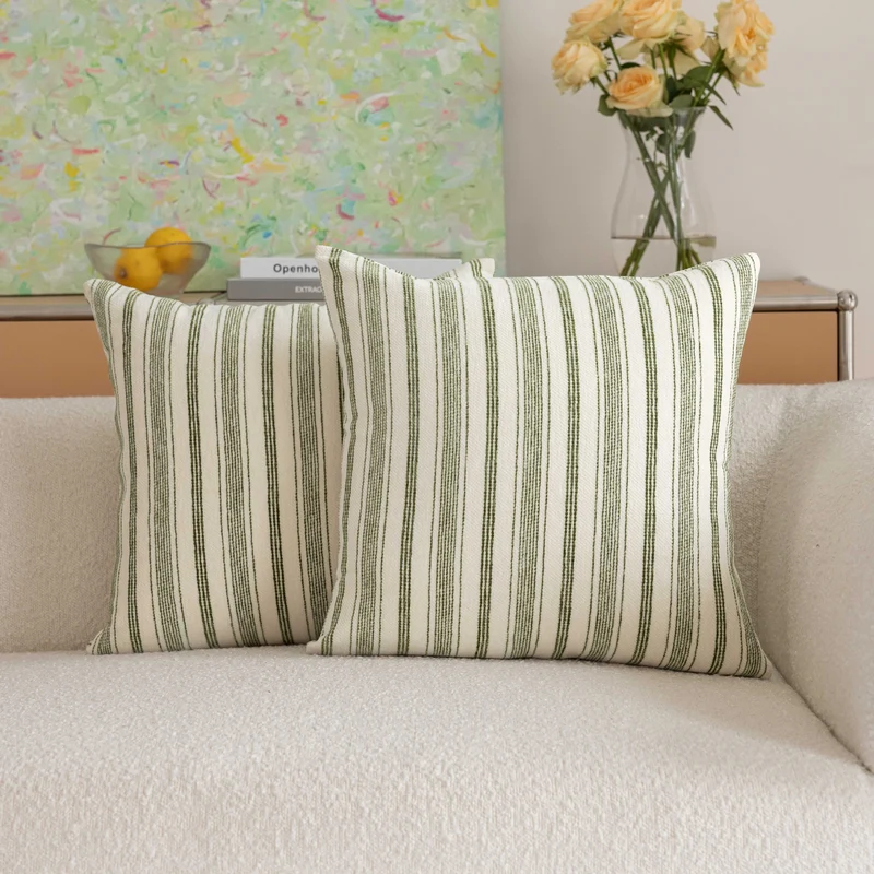 Handloom Vertical Stripe Cotton-Linen Square Pillow Cover with Hidden Zipper