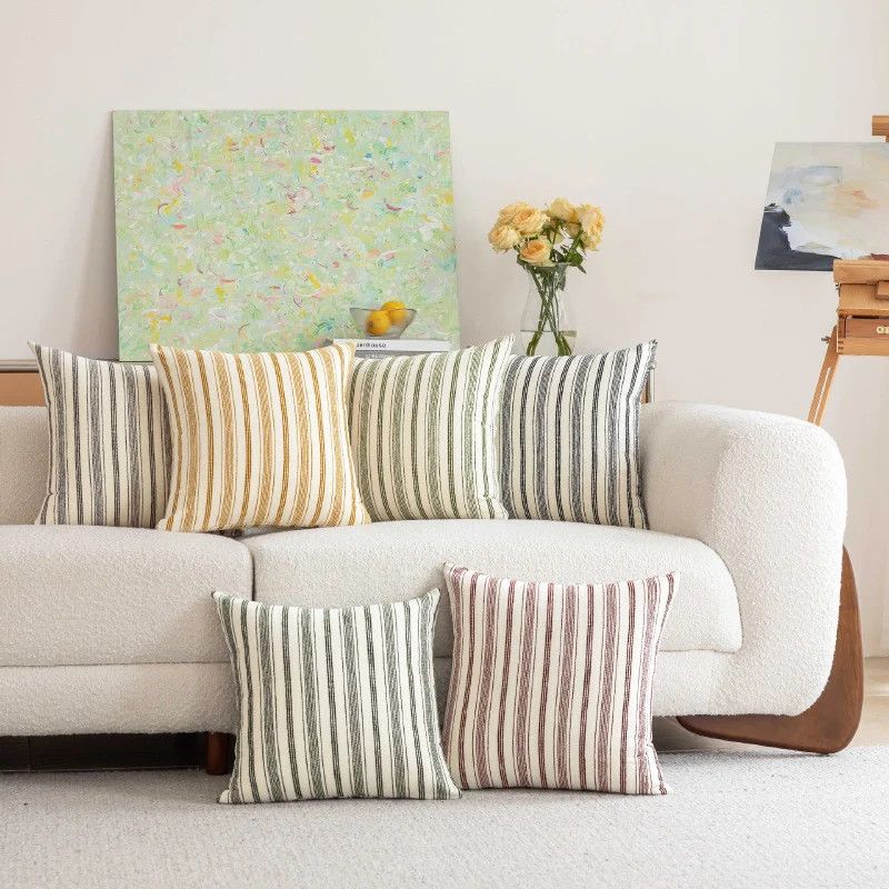 Handloom Vertical Stripe Cotton-Linen Square Pillow Cover with Hidden Zipper