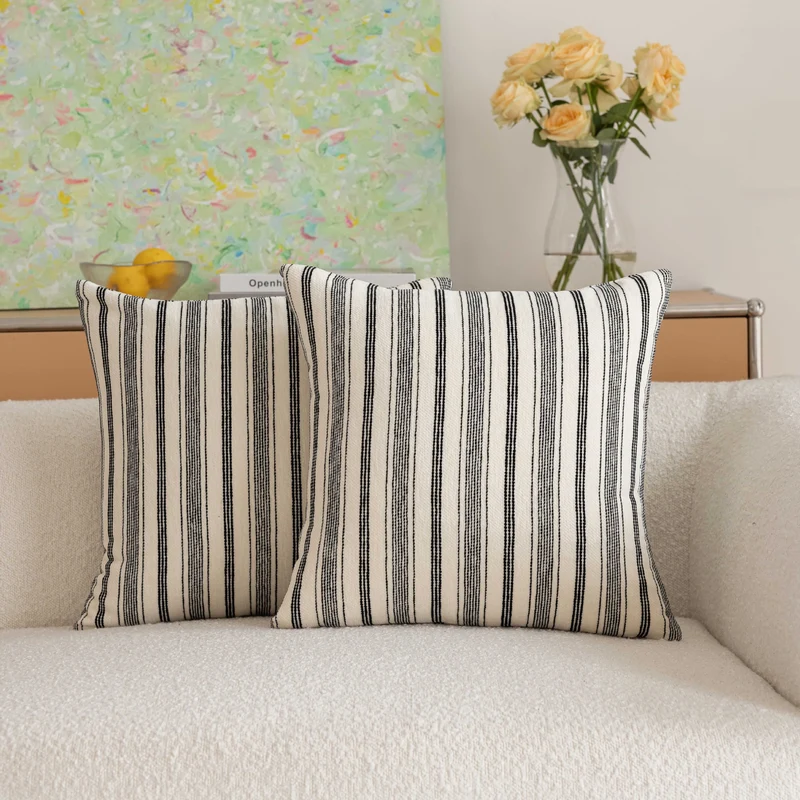 Handloom Striped Cotton Square Throw Pillow Covers Pair with Hidden Zipper