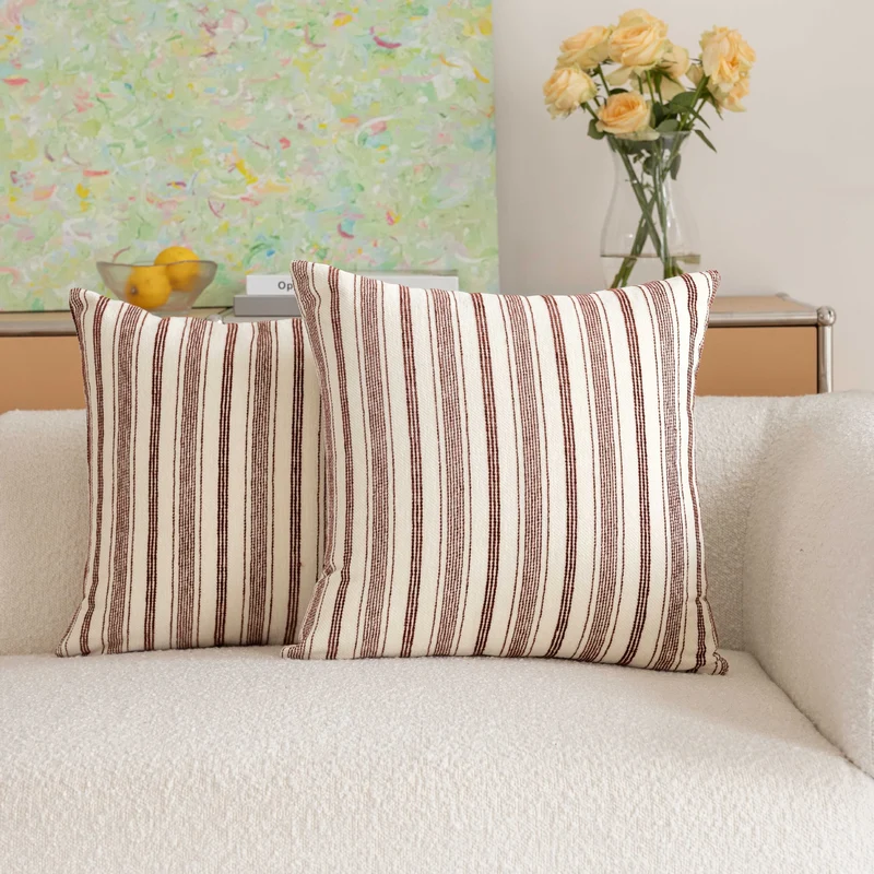Handloom Striped Cotton Square Throw Pillow Covers Pair with Hidden Zipper