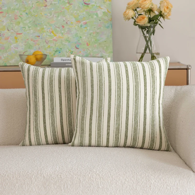 Handloom Striped Cotton Square Throw Pillow Covers Pair with Hidden Zipper