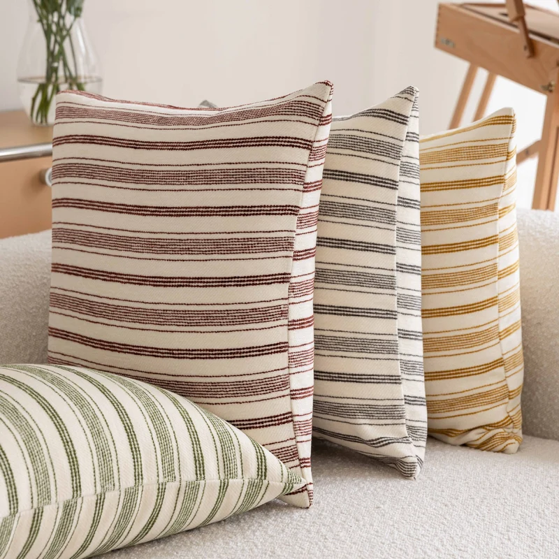 Handloom Striped Cotton Square Throw Pillow Covers Pair with Hidden Zipper