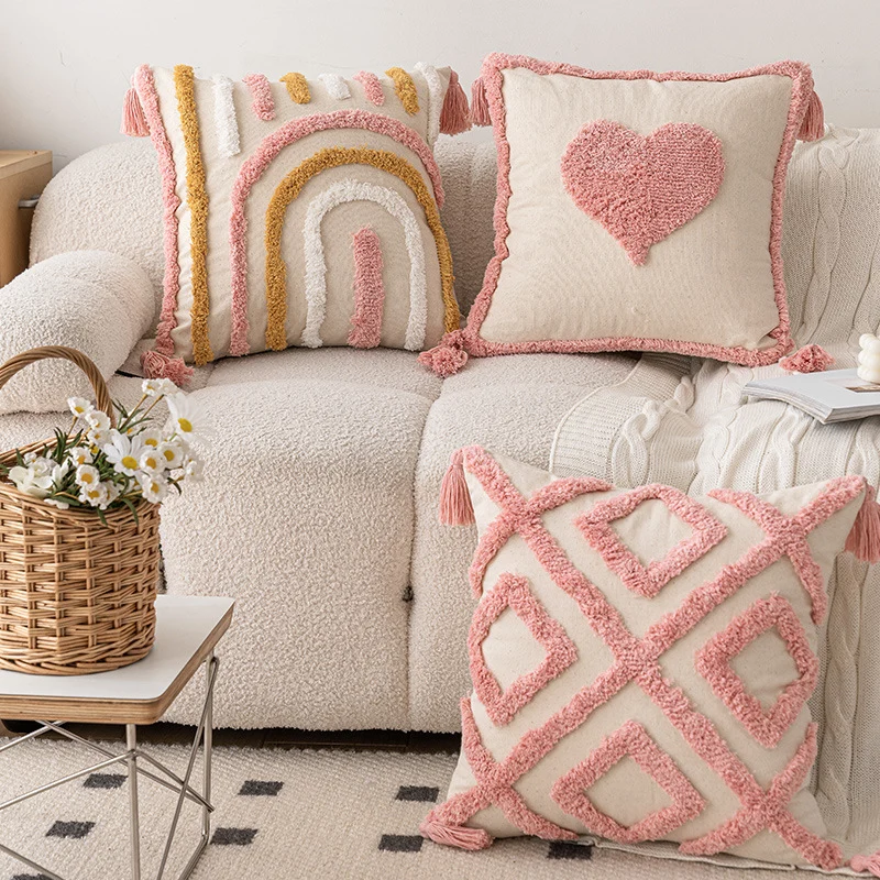 Hand-Tufted Arc-Motif Cotton Square Accent Pillow with Corner Tassels and Removable Insert