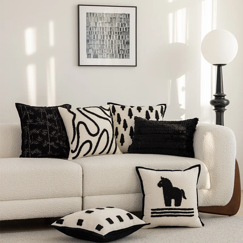 Hand-Tufted Abstract Loop-Squiggle Square Throw Pillow Cover with Hidden Zipper