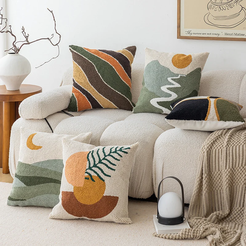 Hand-Tufted Abstract Geometric Loop-Pile Throw Pillow Cover with Hidden Zipper
