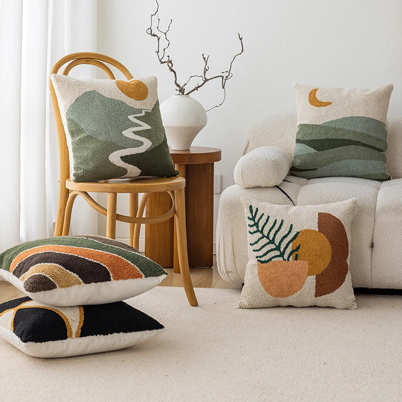 Hand-Tufted Abstract Geometric Loop-Pile Throw Pillow Cover with Hidden Zipper