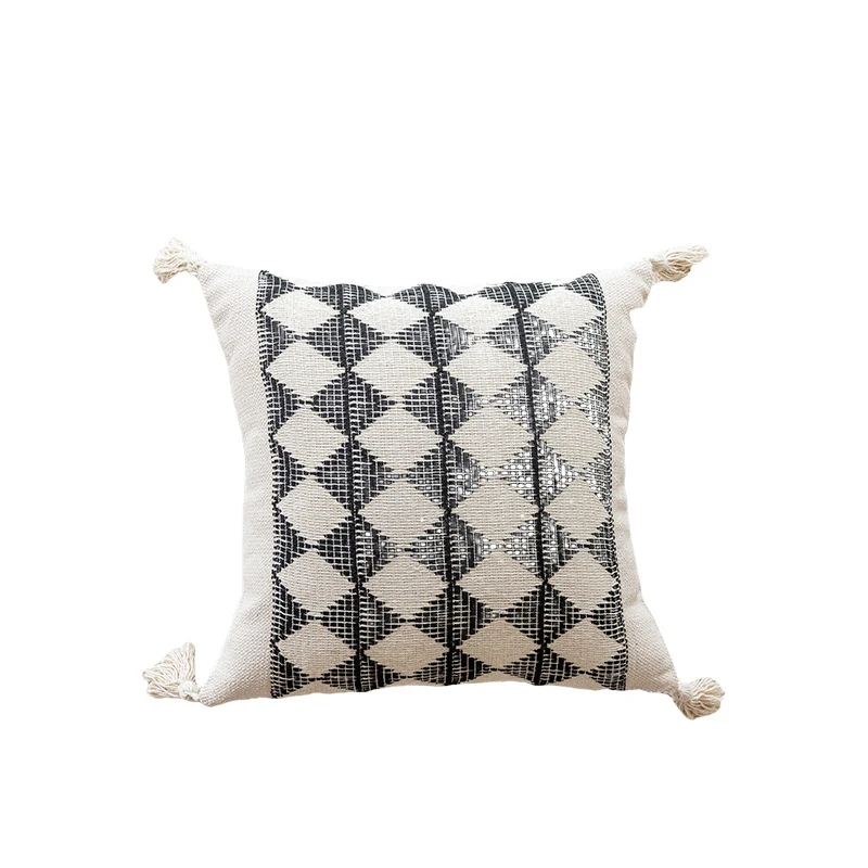 Geometric Handwoven Cotton Throw Pillow with Tassel Corners and Textured Diamond Pattern