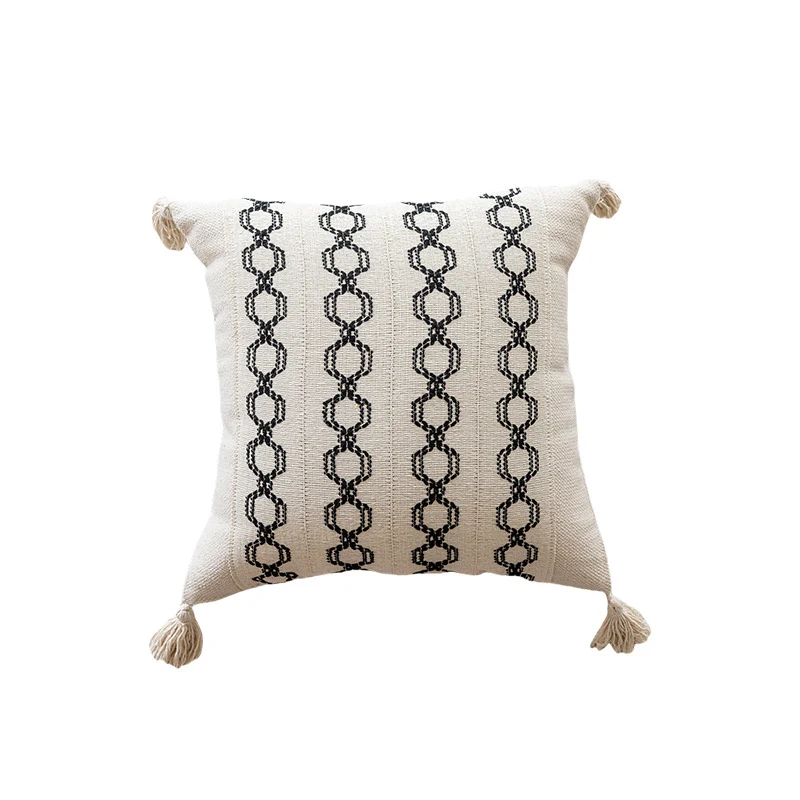 Geometric Handwoven Cotton Throw Pillow with Tassel Corners and Textured Diamond Pattern