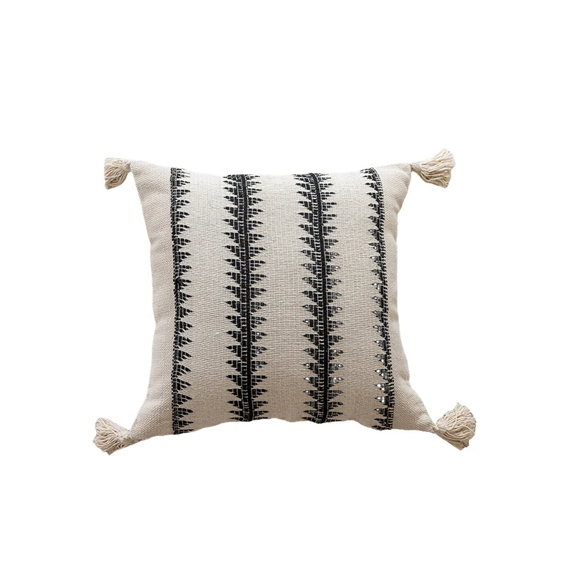 Geometric Handwoven Cotton Throw Pillow with Tassel Corners and Textured Diamond Pattern