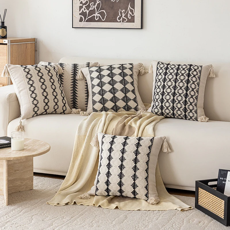 Geometric Handwoven Cotton Throw Pillow with Tassel Corners and Textured Diamond Pattern